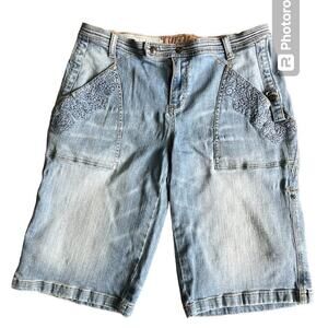 Vintage Candies Distressed Board Shorts, Embroidered, Medium Jean Wash, size 13